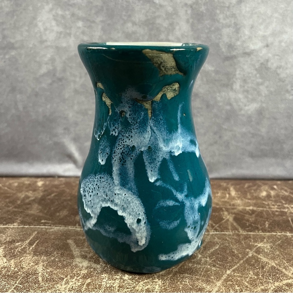 Vintage Ceramic Handmade Vase Blue Teal & White Drip Glaze Lava Vibe Signed AMD